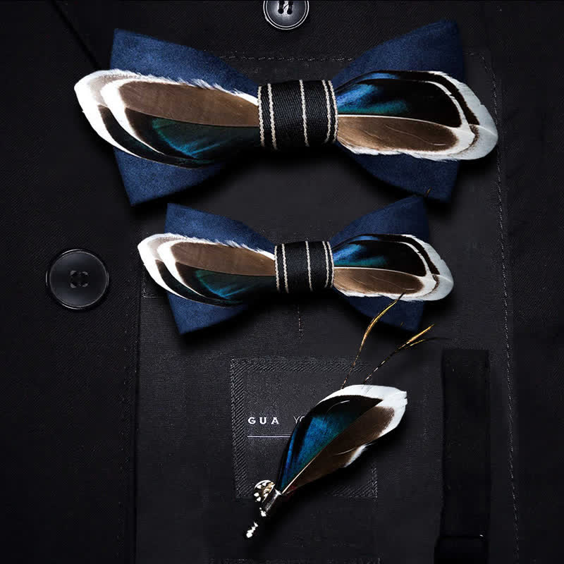 Kid's Navy Blue & Brown Vintage Feather Bow Tie with Lapel Pin