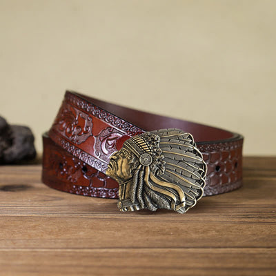 Men's DIY Native Chief Head Buckle Leather Belt