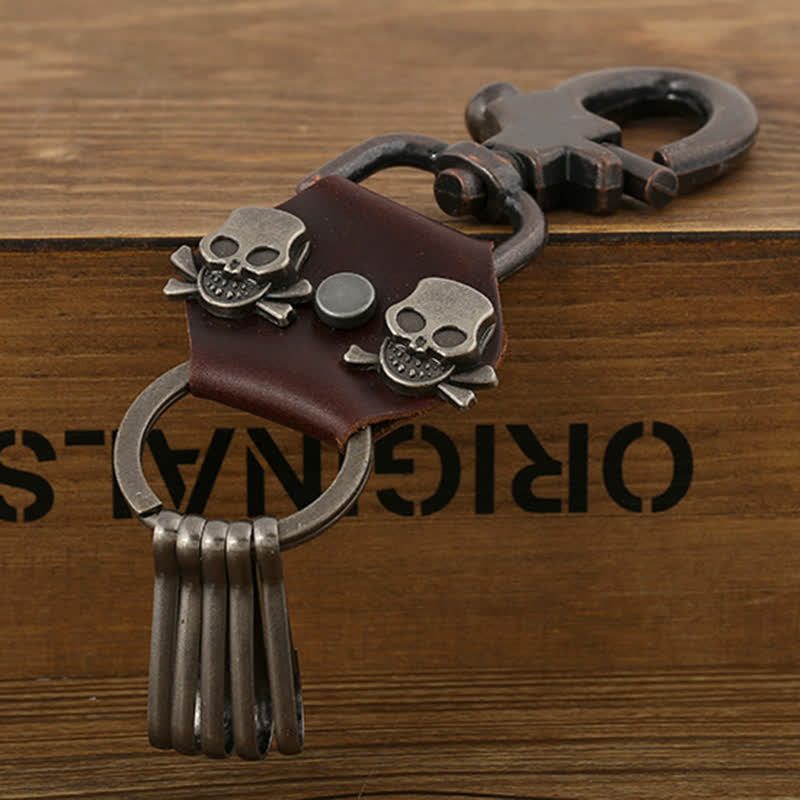 Punk Dual Skull Head Leather Keychain