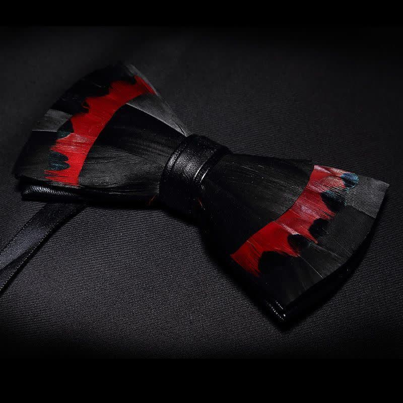Black & Red Swan Feather Bow Tie with Lapel Pin