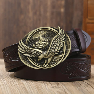 Men's Novelty Flying Eagle Buckle Carved Pattern Leather Belt