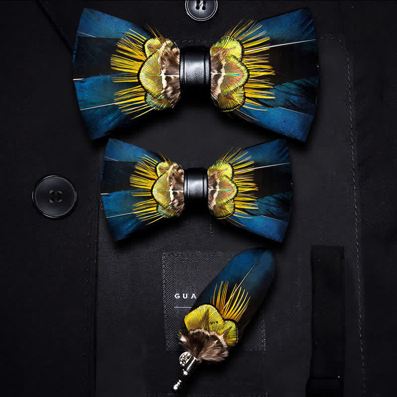 Blue & Yellow Peacock Feather Bow Tie with Lapel Pin
