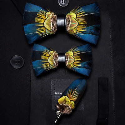 Blue & Yellow Peacock Feather Bow Tie with Lapel Pin