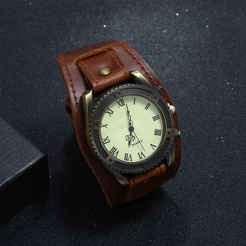 Men's Roman Numerals Gear Cuff Leather Watch