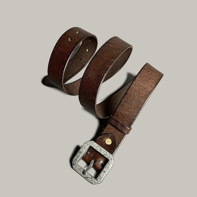 Square Floral Engraved Buckle Pants Leather Belt