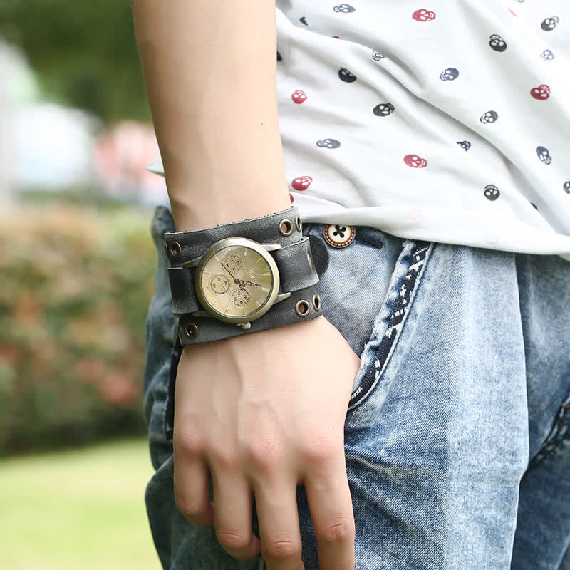 Men's Vintage Black Wide Cuff Leather Watch