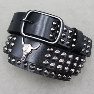 Western Bull Head Rivets Three Rows Studded Leather Belt