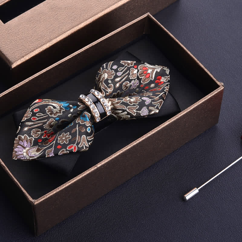 Men's Luxury Brown & Red Rhinestone Pointed Bow Tie