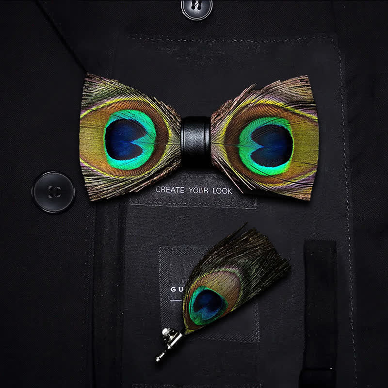 Green Peacock Feather Bow Tie with Lapel Pin