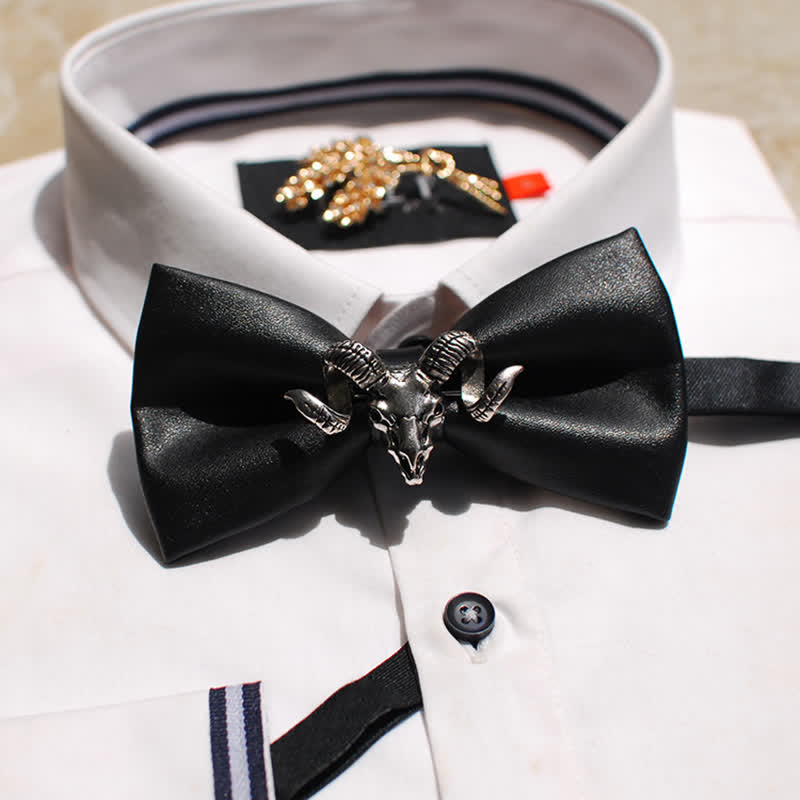 Men's Creative Black Goat Head Leather Bow Tie