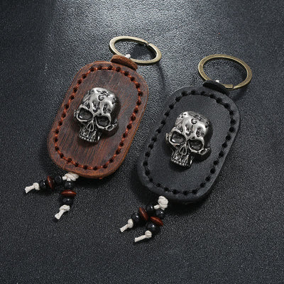 3D Punk Skull Decor Pendant Leather Keychain