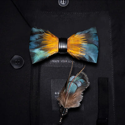 ForestGreen & Yellow Kingfisher Feather Bow Tie with Lapel Pin