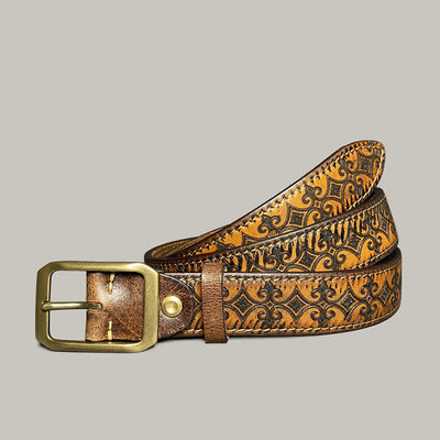 Stamped Carving Strap Brass Buckle Leather Belt