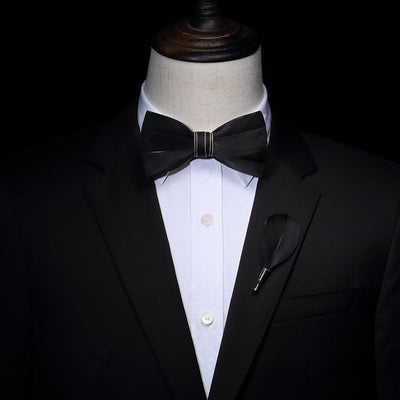Black Noble Feather Bow Tie with Lapel Pin