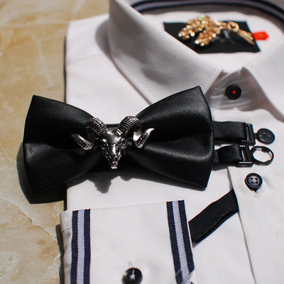 Men's Creative Black Goat Head Leather Bow Tie