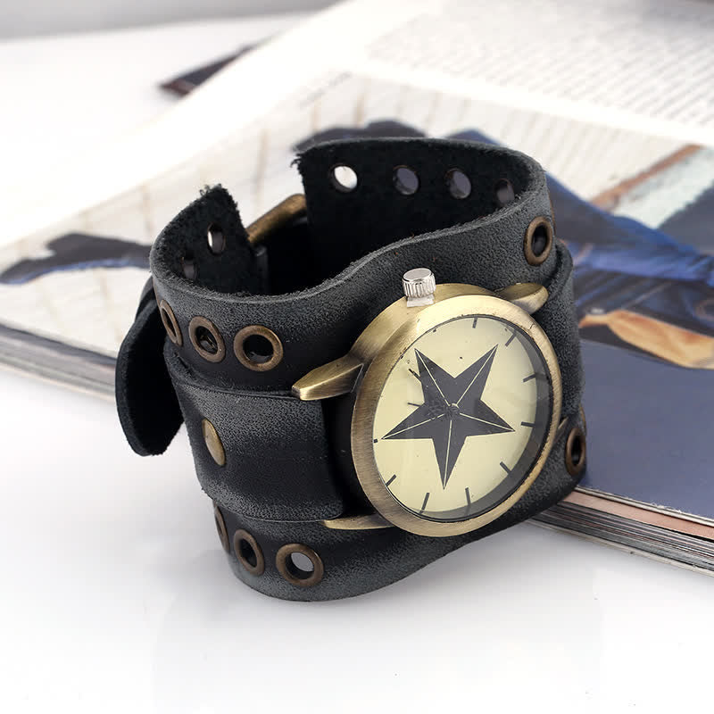 Men's Vintage Black Wide Cuff Leather Watch