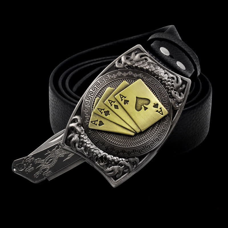 Men's Gold Poker Leather Belt With Folding Knife