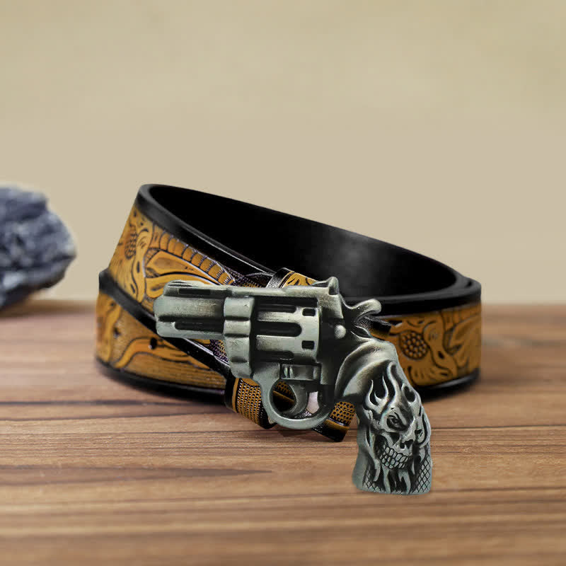 Men's DIY Pistol Gun Flame Skull Buckle Leather Belt