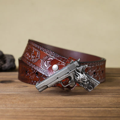 Men's DIY Pistol Gun Flame Skull Buckle Leather Belt