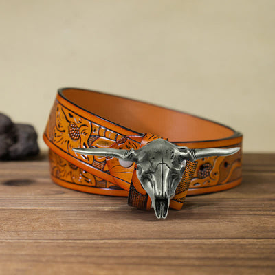 Men's DIY Cool Western Longhorn Bull Buckle Leather Belt