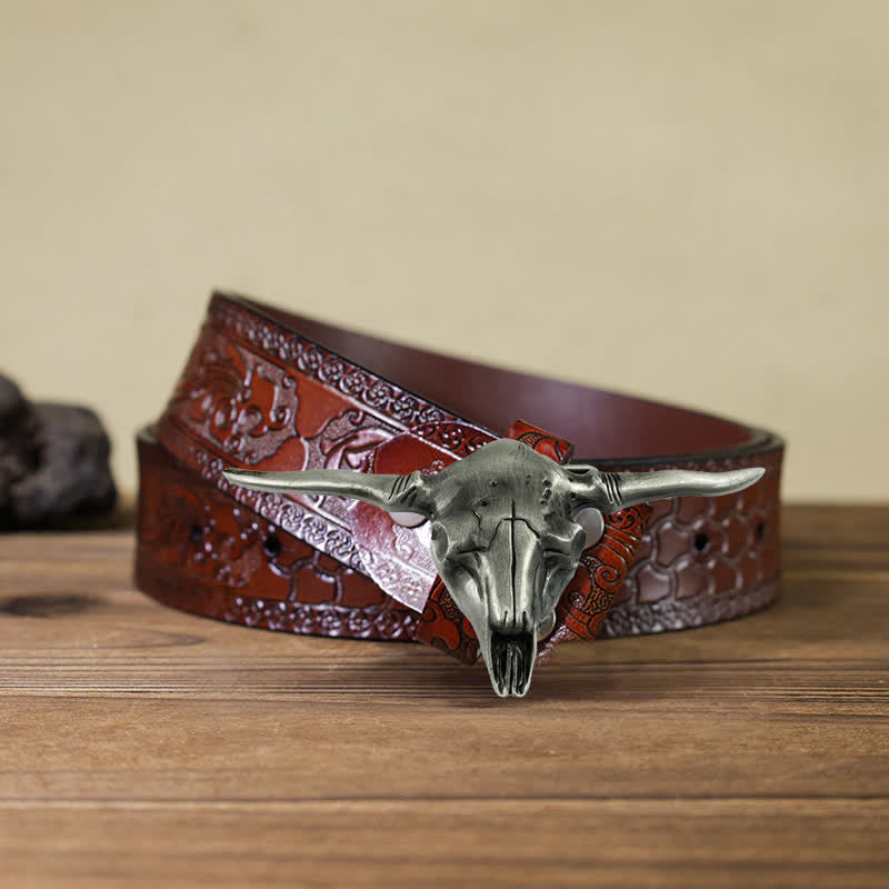 Men's DIY Cool Western Longhorn Bull Buckle Leather Belt