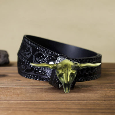 Men's DIY Cool Western Longhorn Bull Buckle Leather Belt