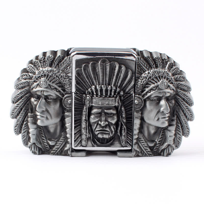 Men's DIY Indian Chief Head Leather Belt with Hidden Lighter