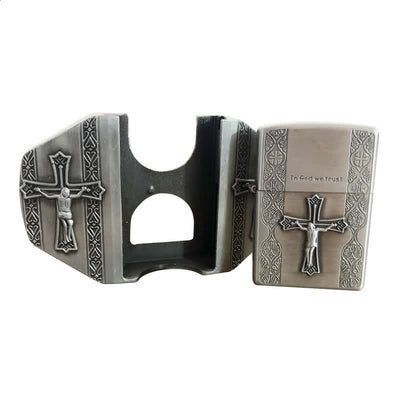 Men's DIY Jesus Cross Leather Belt with Hidden Lighter