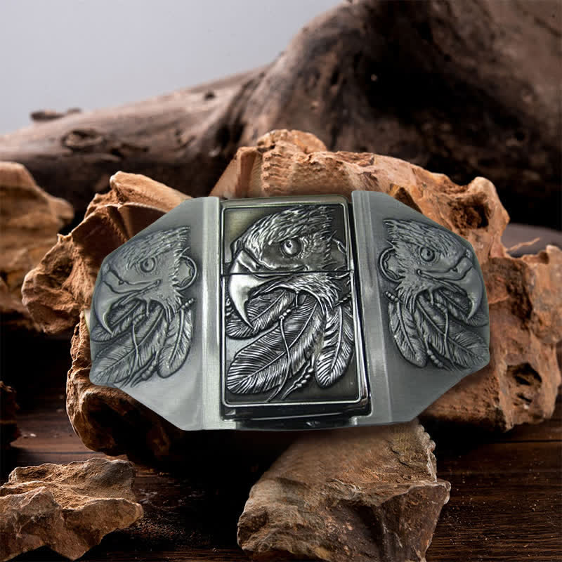 Men's DIY Silver Triple Eagle Leather Belt with Hidden Lighter