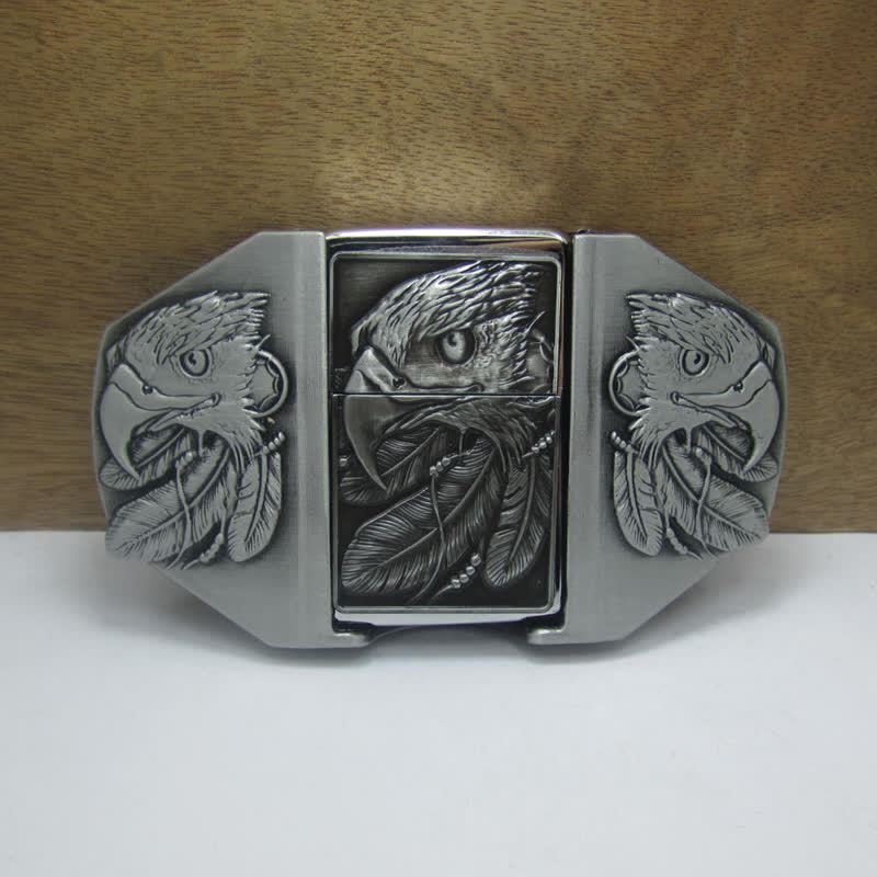 Men's DIY Silver Triple Eagle Leather Belt with Hidden Lighter