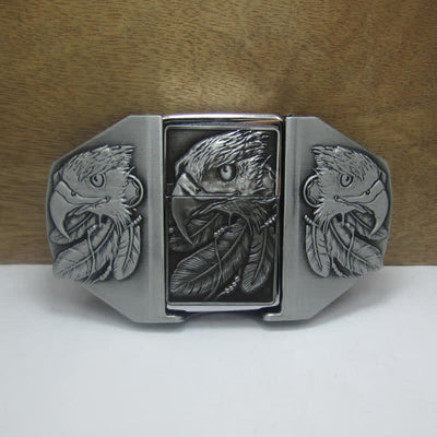 Men's DIY Silver Triple Eagle Leather Belt with Hidden Lighter