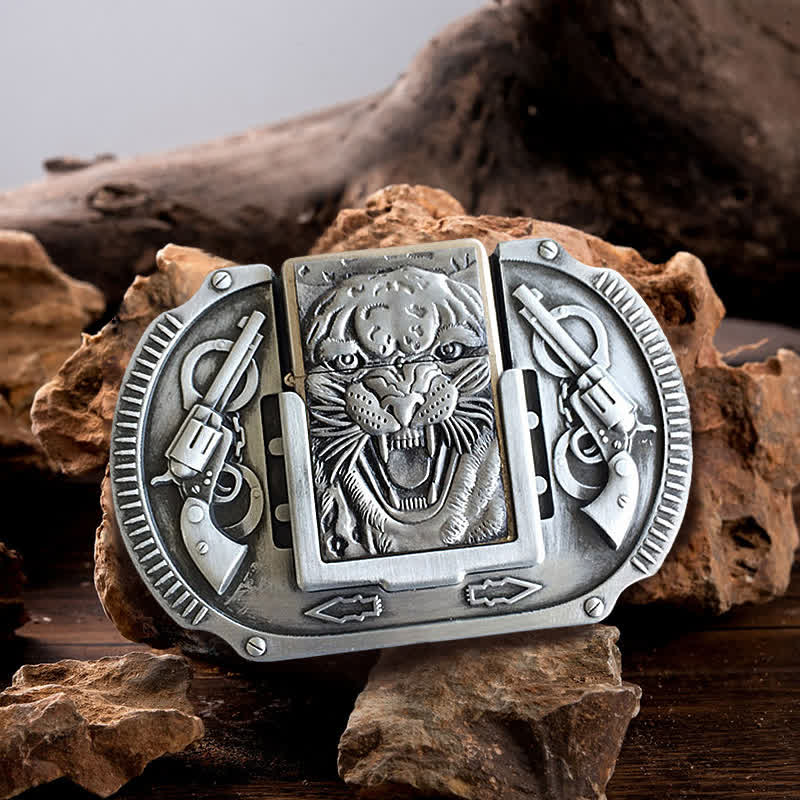 Men's DIY Silver Tiger Wildlife Leather Belt with Hidden Lighter