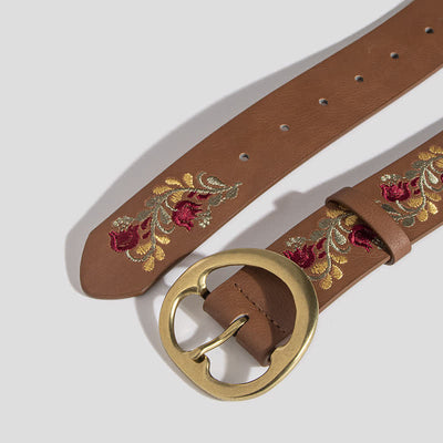 Women's Camel Rose Flower Embroidery Leather Belt