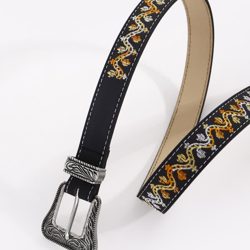 Women's Black Orange & White Embroidery Leather Belt