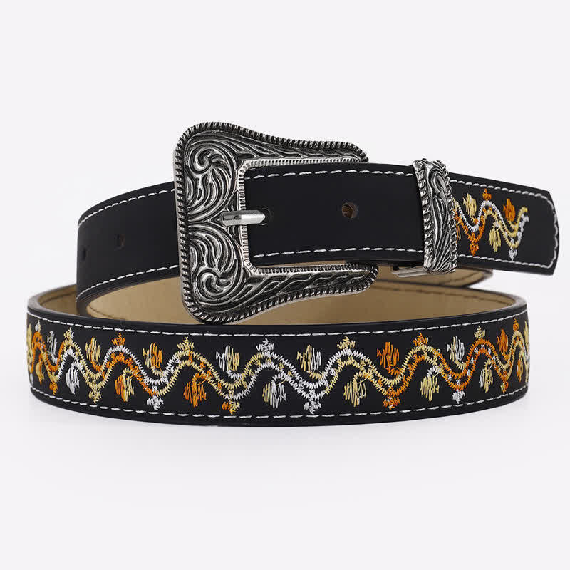 Women's Black Orange & White Embroidery Leather Belt