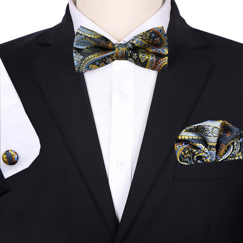 3Pcs Men's Formal Jacquard Paisley Pocket Square Bow Tie Set