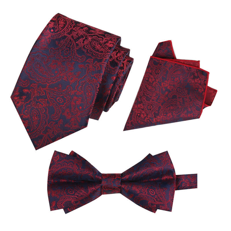 3Pcs Men's Fantasy Paisley Pocket Square Necktie Bow Tie Set