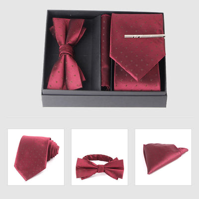 3Pcs Men's Burgundy Series Pocket Square Necktie Bow Tie Set