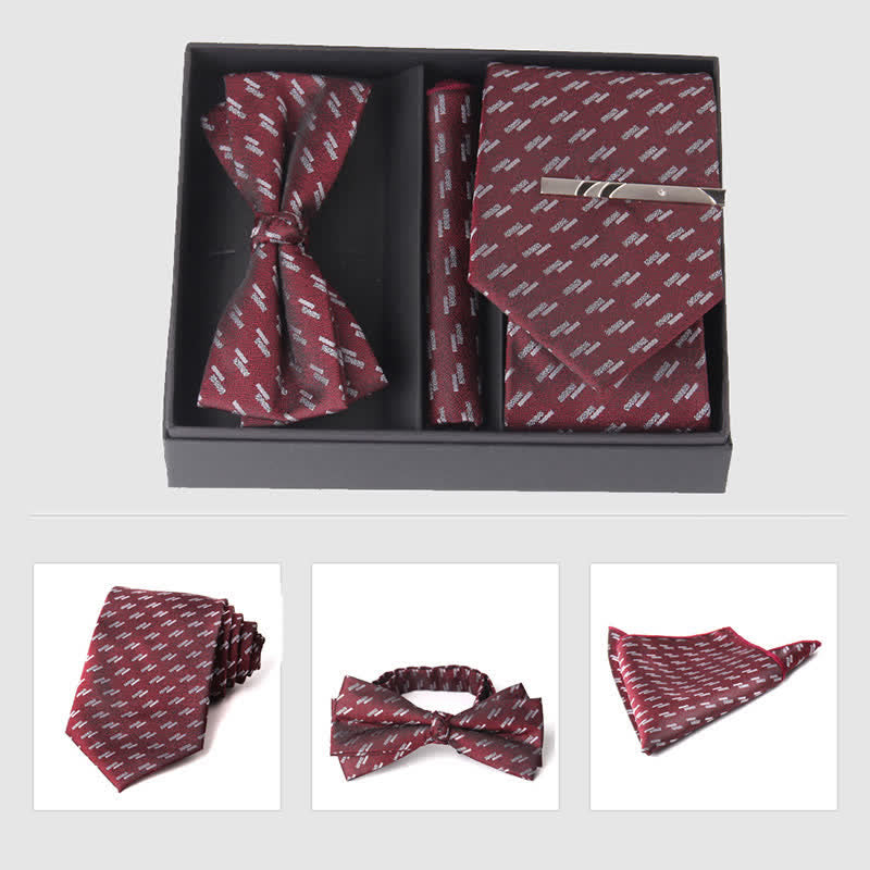 3Pcs Men's Burgundy Series Pocket Square Necktie Bow Tie Set