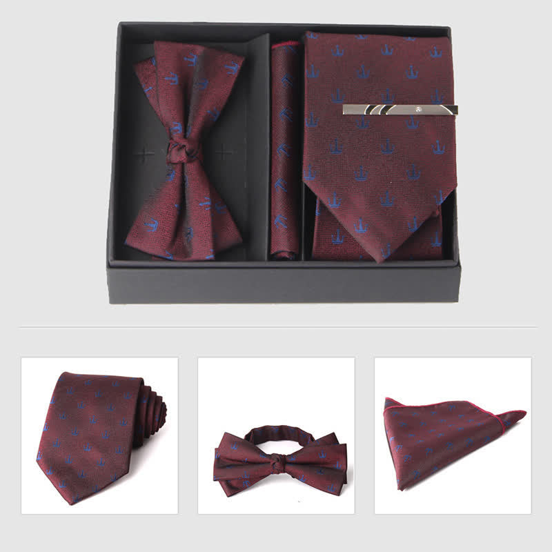 3Pcs Men's Burgundy Series Pocket Square Necktie Bow Tie Set