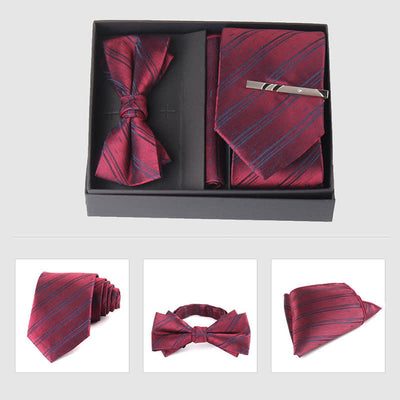 3Pcs Men's Burgundy Series Pocket Square Necktie Bow Tie Set