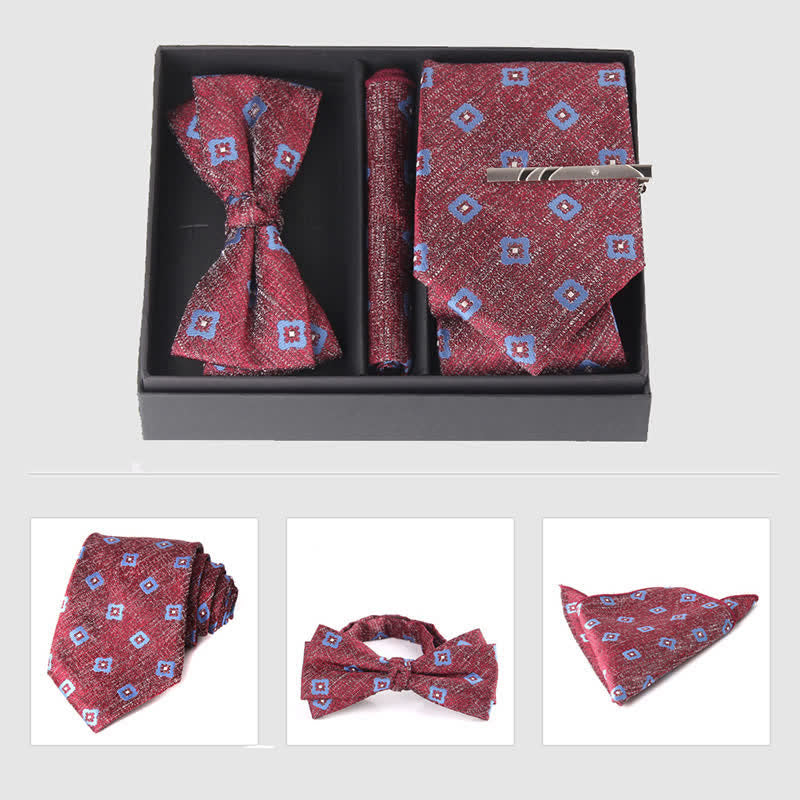 3Pcs Men's Burgundy Series Pocket Square Necktie Bow Tie Set