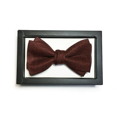 Men's Dark Wine Red British Herringbone Floral Brooch Bow Tie