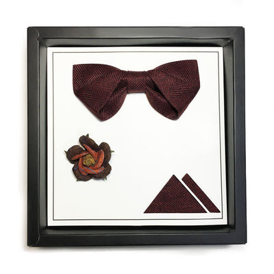 Men's Dark Wine Red British Herringbone Floral Brooch Bow Tie