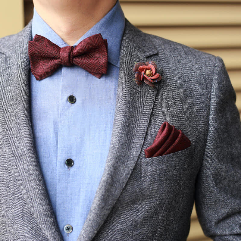 Men's Dark Wine Red British Herringbone Floral Brooch Bow Tie