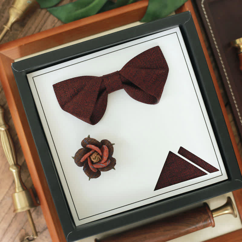 Men's Dark Wine Red British Herringbone Floral Brooch Bow Tie