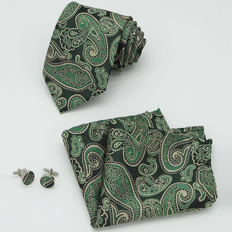 3Pcs Men's Green & Black Shade Paisley Necktie Set