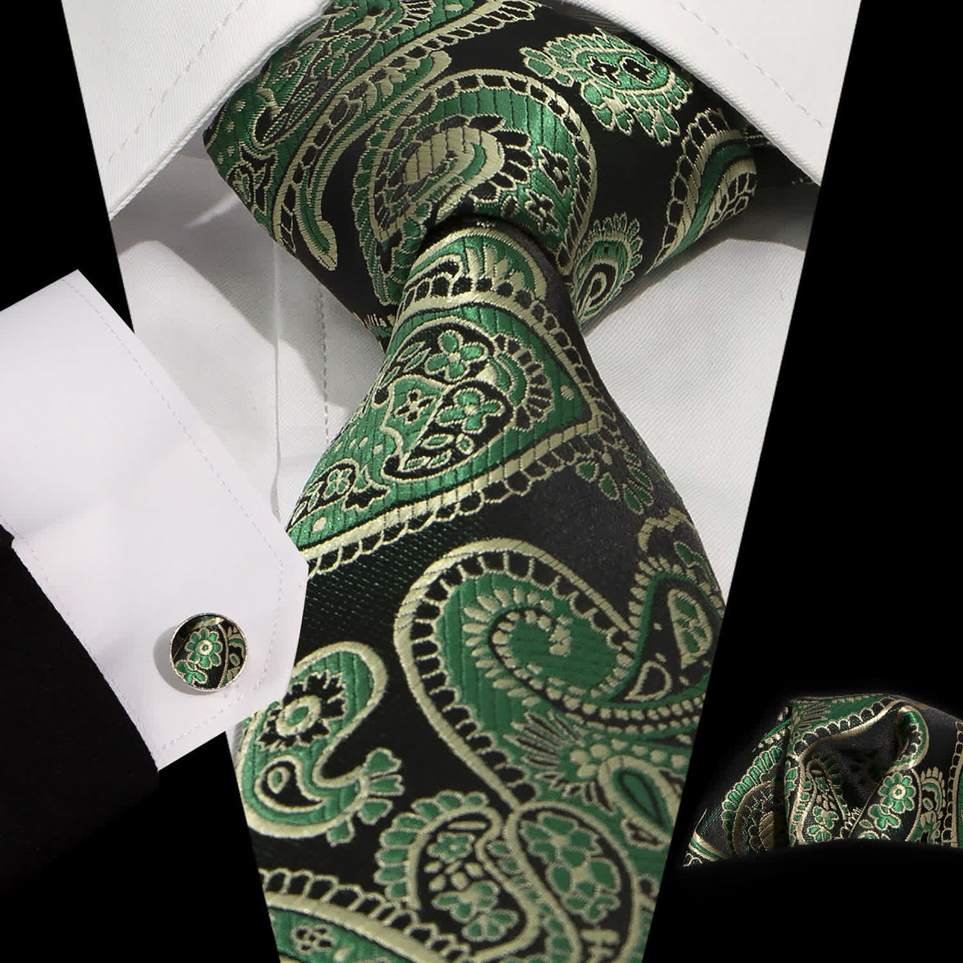 3Pcs Men's Green & Black Shade Paisley Necktie Set