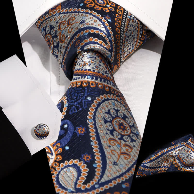 3Pcs Men's Navy White Orange Paisley Jacquard Necktie Set