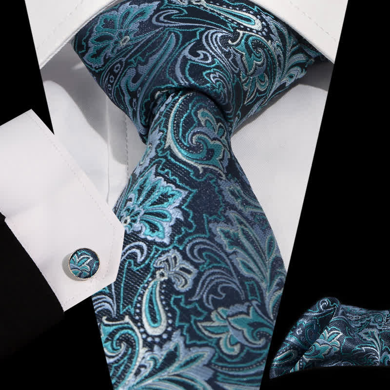 3Pcs Men's DarkTurquoise Paisley Flower Pattern Necktie Set